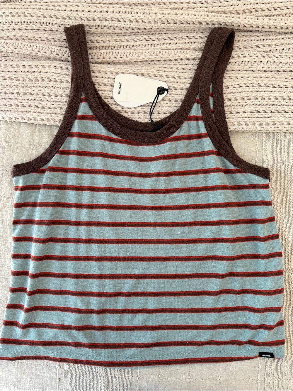 PrAna Women’s Striped Tank Top in Brown and Light Blue